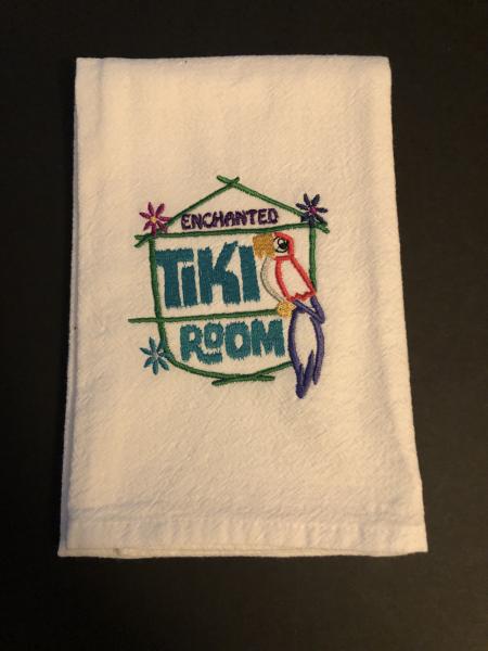 Tiki Room is embroidered on a white flour sack tea towel, dish towel, cotton, picture