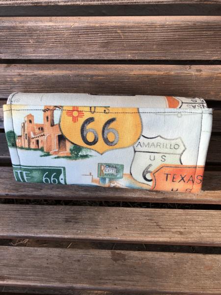 Rt Route 66 wallet, based on the NCW pattern, Accordian wallet.  places for necessities,removable crossbody and wrist strap picture