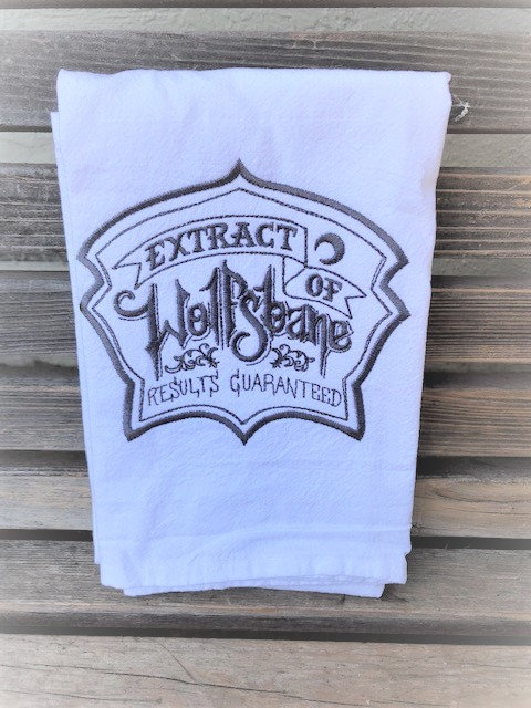 Extract of Wolfsbane sign embroidered on a white flour sack tea towel, dish towel, cotton, large
