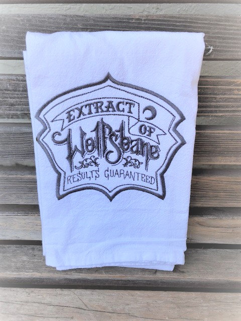 Extract of Wolfsbane sign embroidered on a white flour sack tea towel, dish towel, cotton, large picture