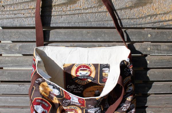 Coffee Advertising lables tote bag, Reusable shopping bag  groceries, lunch, books, diapers, or overnight bag , Canvas lined and bottom picture