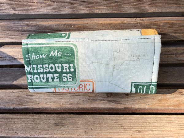 Rt Route 66 wallet, based on the NCW pattern, Accordian wallet.  places for necessities,removable crossbody and wrist strap picture