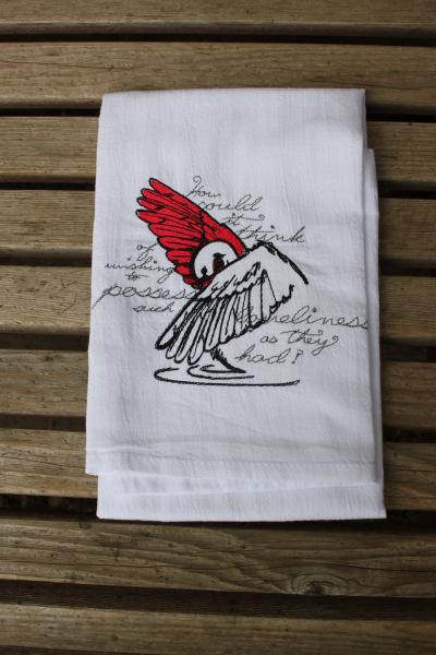 A Beautifully drawn stylized Ugly Duckling is embroidered on a white flour sack tea towel, dish towel, cotton