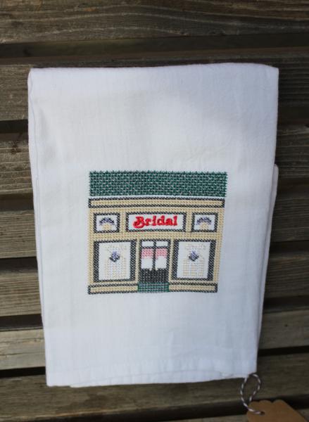 Bridal Store in a cross stitch style embroidered on a white tea towel, dish towel, flour sack, cotton, large picture