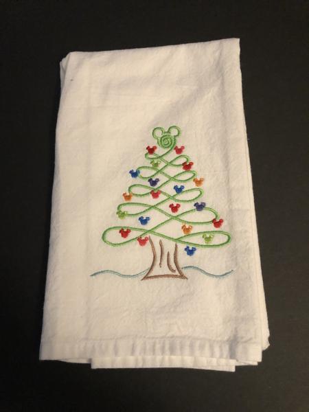 Mickey Christmas Tree embroidered on a white flour sack tea towel, dish towel, cotton, picture