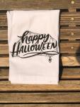 Happy Halloween embroidered on a white flour sack tea towel, dish towel, cotton,