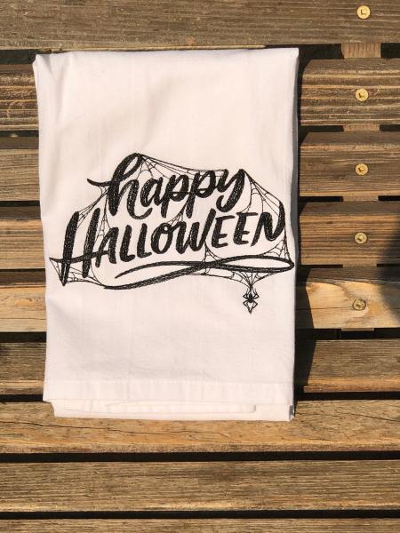 Happy Halloween embroidered on a white flour sack tea towel, dish towel, cotton, picture