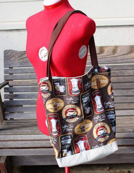 Coffee Advertising lables tote bag, Reusable shopping bag  groceries, lunch, books, diapers, or overnight bag , Canvas lined and bottom picture