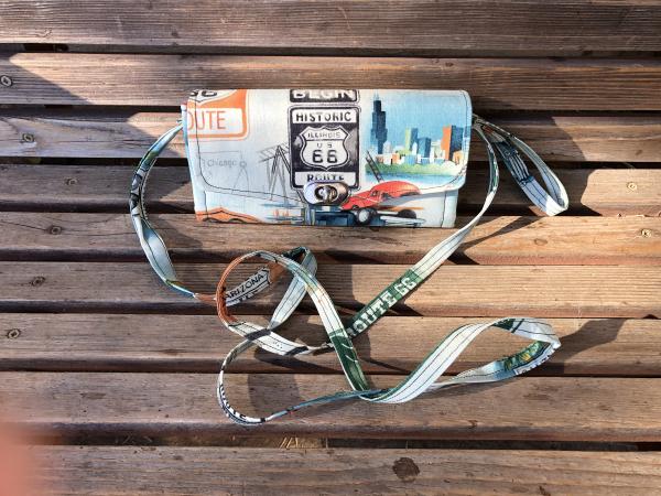 Rt Route 66 wallet, based on the NCW pattern, Accordian wallet.  places for necessities,removable crossbody and wrist strap picture