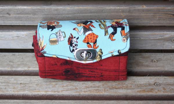 cowgirl, retro mini-wallet, based on the NCW pattern, Accordian wallet. Lots of places for necessities, removable crossbody and wrist strap