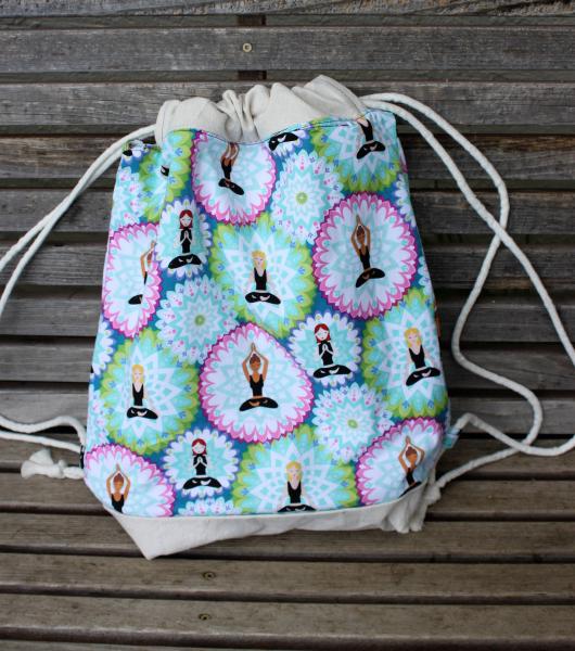 Meditation/Yoga Drawstring backpack,  a fun accessory for any outfit, Canvas lined and bottom for durability, inside pocket