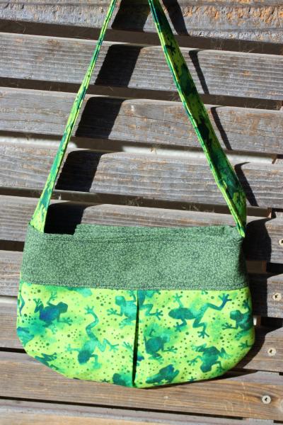Green Batik frogs small bag, child sized or small purse.  Lined in Coordinated cotton picture