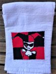 Harley Quinn embroidered on a white flour sack tea towel, dish towel, cotton, large