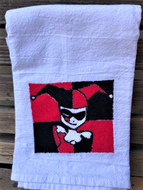 Harley Quinn embroidered on a white flour sack tea towel, dish towel, cotton, large picture