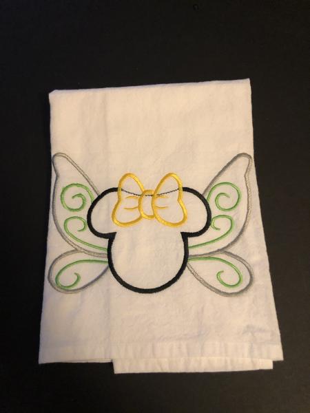 Minnie mouse, tinkerbell embroidered on a white flour sack tea towel, dish towel, cotton, picture