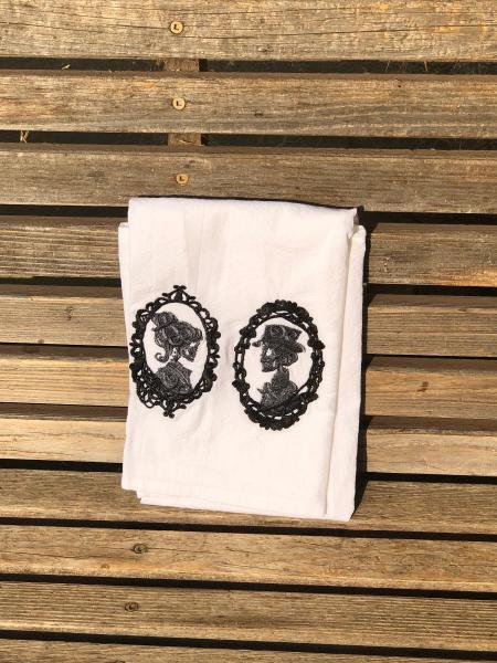 Skeleton cameo embroidered on a white flour sack tea towel, dish towel, cotton