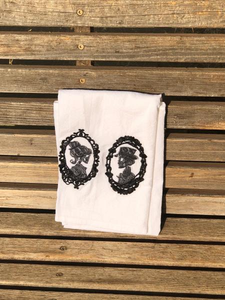 Skeleton cameo embroidered on a white flour sack tea towel, dish towel, cotton picture