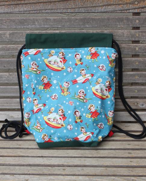 Vintage Retro kids in space Drawstring backpack, a fun accessory for any outfit, Canvas lined and bottom for durability, inside pocket picture