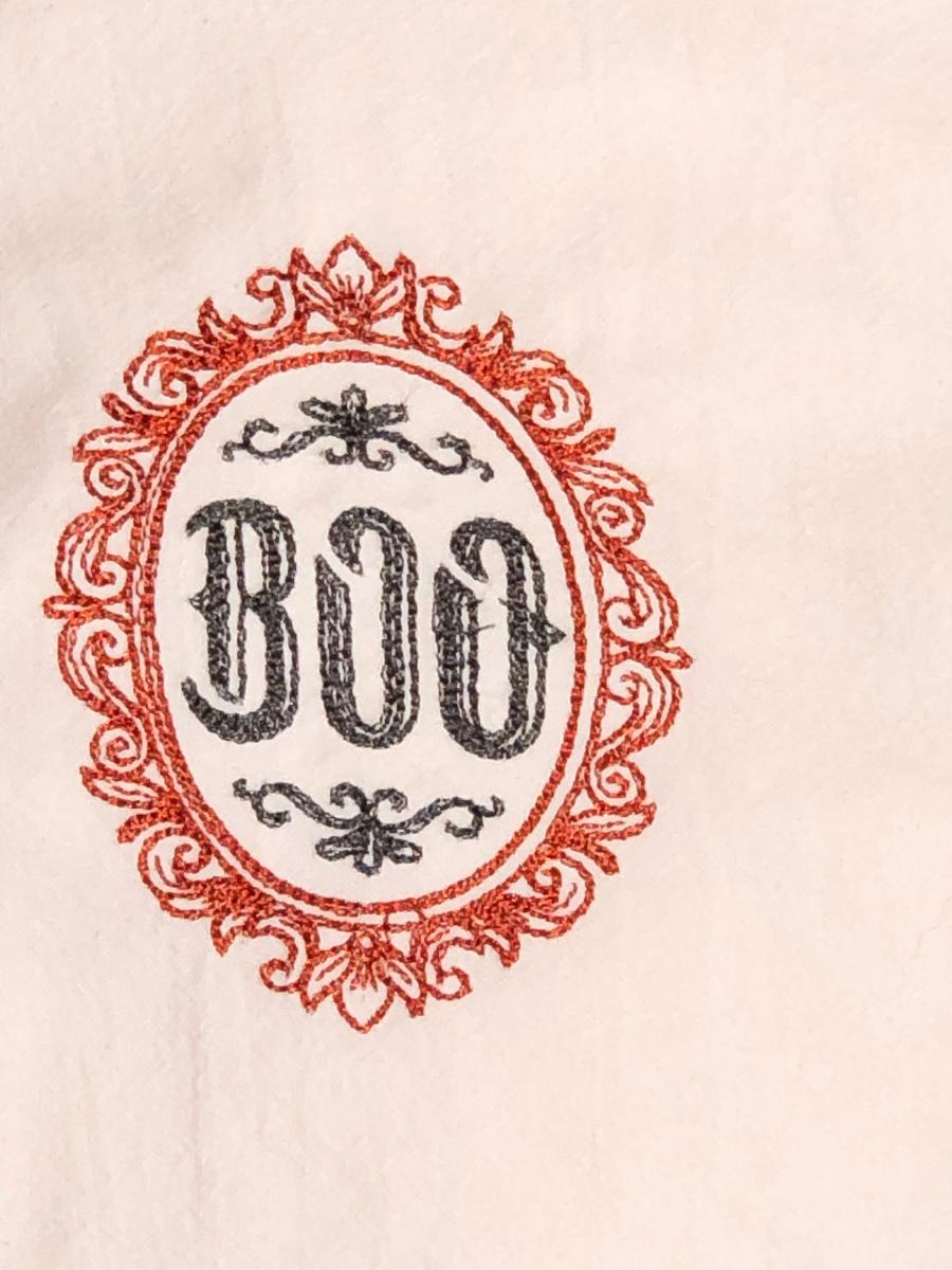 Halloween Boo embroidered on a white flour sack tea towel, dish towel, cotton, picture