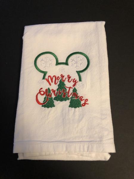 Merry Christmas Mikey Ears embroidered on a white flour sack tea towel, dish towel, cotton, picture