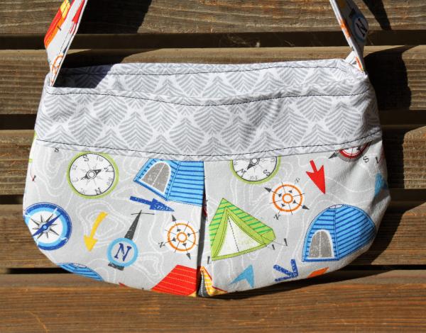Tent and compas, camping small bag, child sized or small purse.  Lined in Coordinated cotton picture