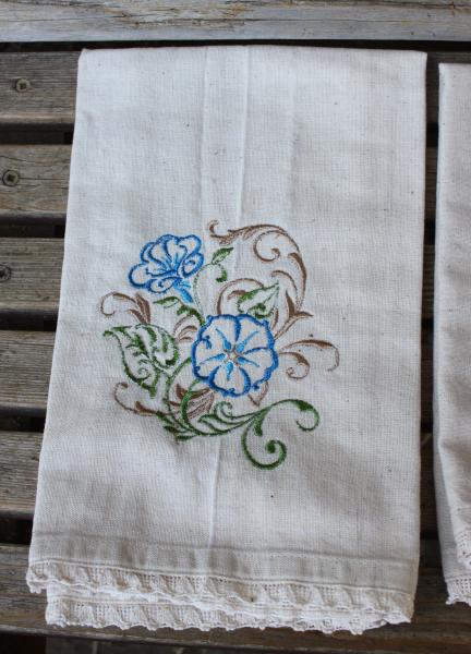 Morning Glory's flower florals embroidered napkins, Dinner Napkins off white, lace edges, 100% Cotton, set of 2 picture