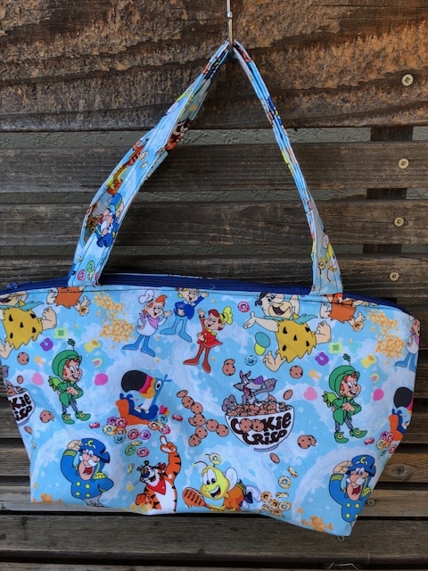 Cereal fabric, vinyl lined bag, perfect for snack or lunch, cosmetics, makeup or even as a unique purse or a fun gift bag,