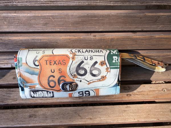 Rt Route 66 wallet, based on the NCW pattern, Accordian wallet.  places for necessities,removable crossbody and wrist strap picture