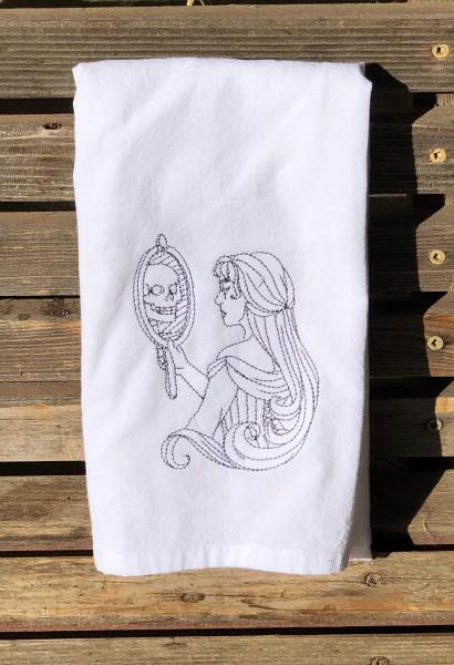Skull reflection Halloween embroidered on a white flour sack tea towel, dish towel, cotton