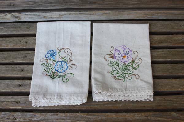 Morning Glory's flower florals embroidered napkins, Dinner Napkins off white, lace edges, 100% Cotton, set of 2 picture
