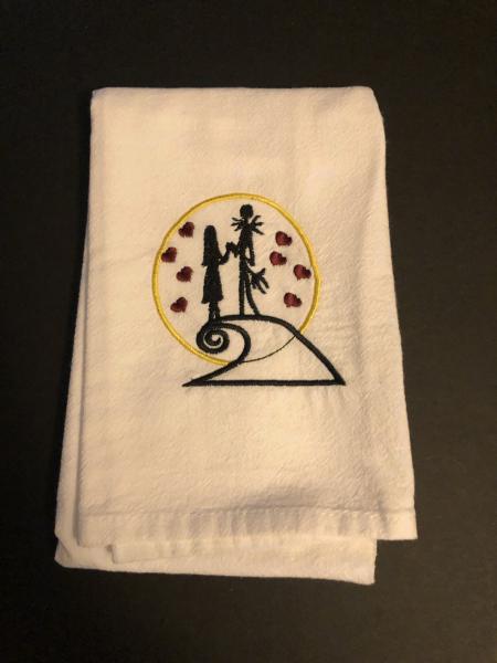 Jack and Sally, Nightmare before Christmas embroidered on a white flour sack tea towel, dish towel, cotton, picture