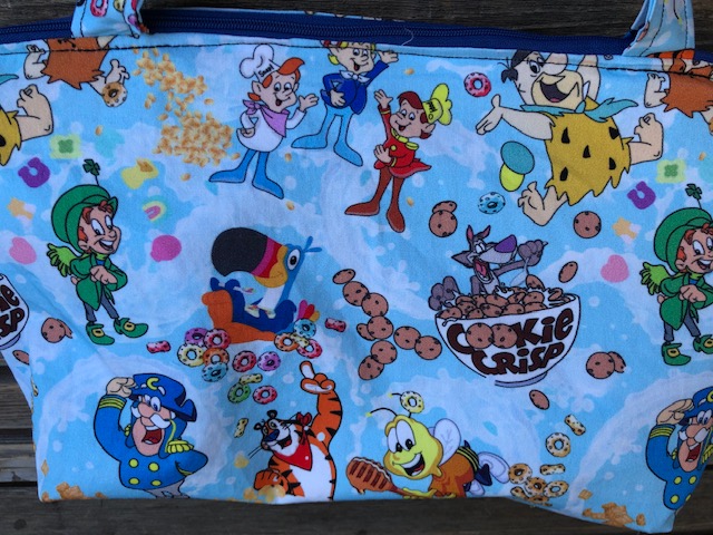 Cereal fabric, vinyl lined bag, perfect for snack or lunch, cosmetics, makeup or even as a unique purse or a fun gift bag, picture
