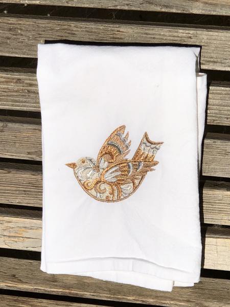 A Christmas Dove is embroidered on a white flour sack tea towel, dish towel, cotton picture