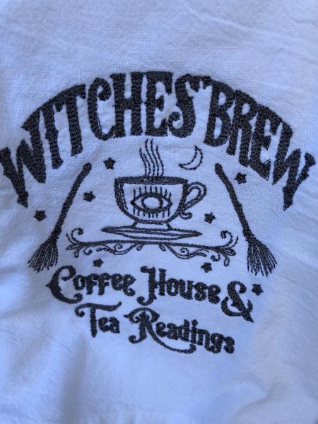 Witches Brew Coffee House and Tea Readings sign embroidered on a white flour sack tea towel, dish towel, cotton, large aprox 29x31 picture