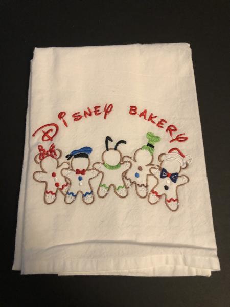 Disney Bakery embroidered on a white flour sack tea towel, dish towel, cotton,