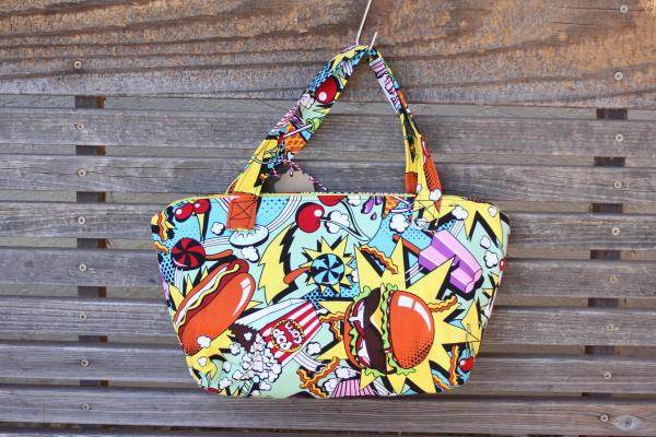 Pop art food fabric, vinyl lined bag, perfect for snack or lunch, cosmetics, makeup or even as a unique purse   Use as a fun gift bag, picture