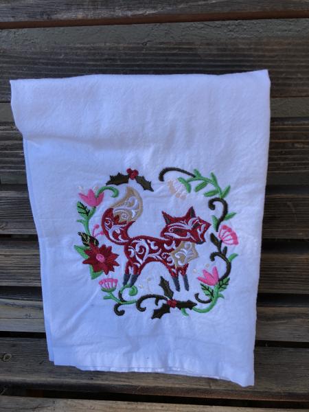 A Beautiful Winter Fox is embroidered on a white flour sack tea towel, dish towel, cotton