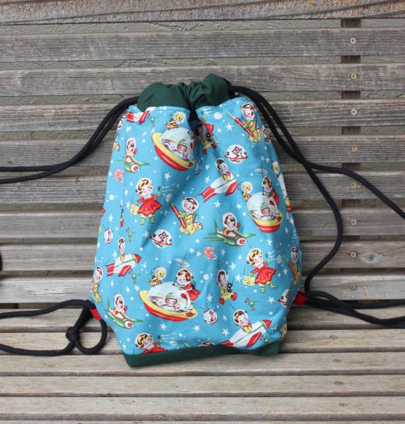 Vintage Retro kids in space Drawstring backpack, a fun accessory for any outfit, Canvas lined and bottom for durability, inside pocket picture