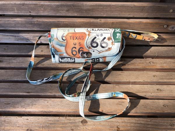 Rt Route 66 wallet, based on the NCW pattern, Accordian wallet.  places for necessities,removable crossbody and wrist strap picture