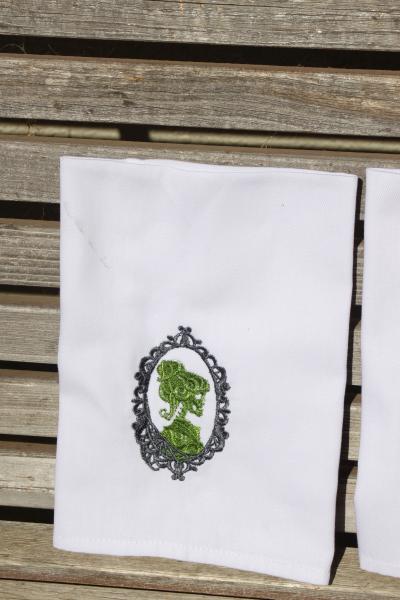 His and Hers skeleton cameo embroidered napkins, Dinner Napkins 19x19 white, 100% Cotton, set of 2 picture