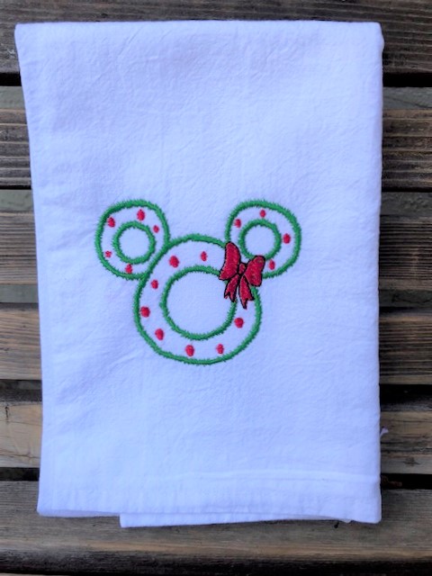 Mickey Wreath embroidered on a white flour sack tea towel, dish towel, cotton, large