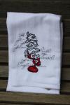A Beautifully drawn stylized Jack and the Beanstalk is embroidered on a white flour sack tea towel, dish towel, cotton