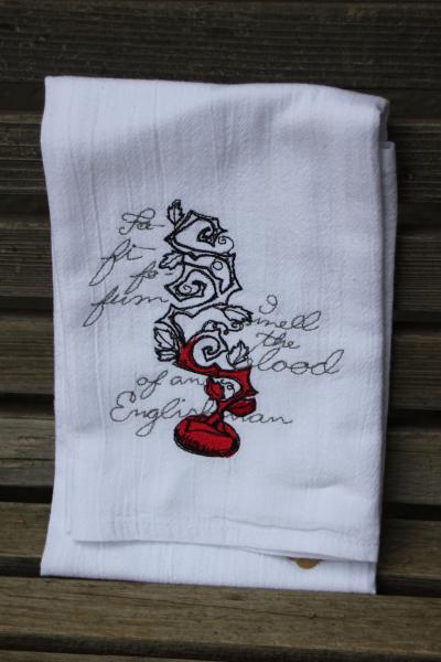 A Beautifully drawn stylized Jack and the Beanstalk is embroidered on a white flour sack tea towel, dish towel, cotton picture