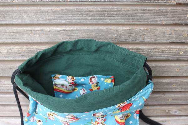 Vintage Retro kids in space Drawstring backpack, a fun accessory for any outfit, Canvas lined and bottom for durability, inside pocket picture