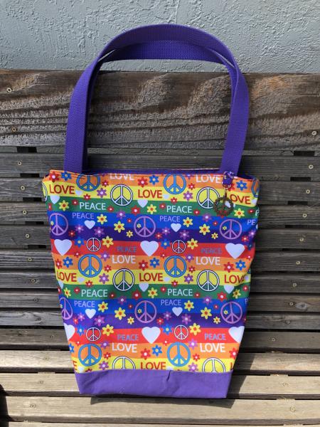 Love and Peace tote, Reusable shopping bag, groceries, lunch, books, diapers or overnight bag Canvas lined and  bottom