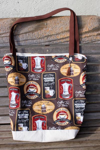 Coffee Advertising lables tote bag, Reusable shopping bag  groceries, lunch, books, diapers, or overnight bag , Canvas lined and bottom