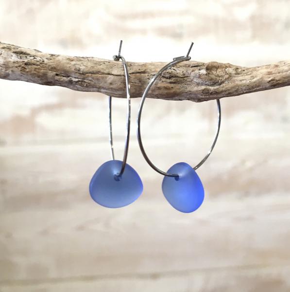 Cornflower Blue Sea Glass Drop Hoop Earrings picture