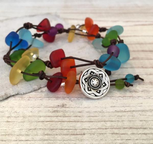 Leather Rainbow Sea Glass Wrap Bracelet picture