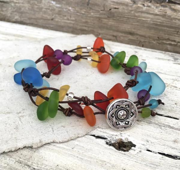 Leather Rainbow Sea Glass Wrap Bracelet picture