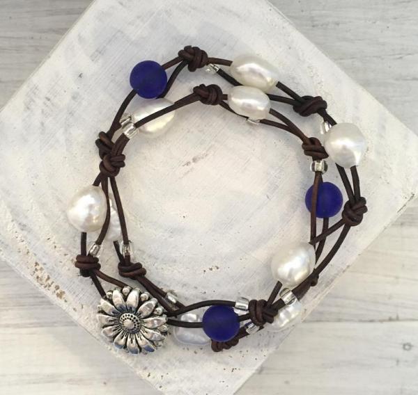 Sea Glass & Pearl Leather Wrap Bracelet picture